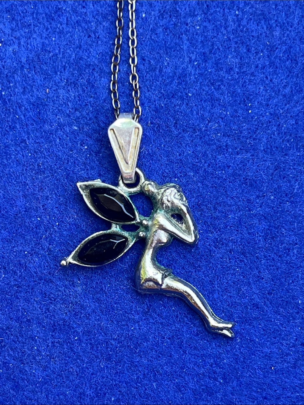 Silver 925 Fairy Pendant Necklace with Black Stone Wings
